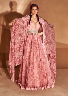 Bhumika Sharma-Blush Bahaar Anarkali With Attached Dupatta-INDIASPOPUP.COM Anarkali With Belt, V Neck Anarkali, Bhumika Sharma, Pink Anarkali, Lehenga Wedding, Embroidered Belt, Fashion Design Collection, Printed Dupatta, Kids Designer Dresses