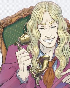 a man with long blonde hair is talking on the phone while holding an antique telephone