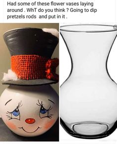 two vases with faces painted on them, one has a top hat and the other has an orange nose