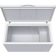 an open white chest freezer on a white background