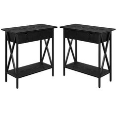 pair of black wood end tables with shelfs on each side, set of 2