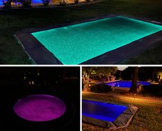 the pool is lit up at night and in the dark, it's purple