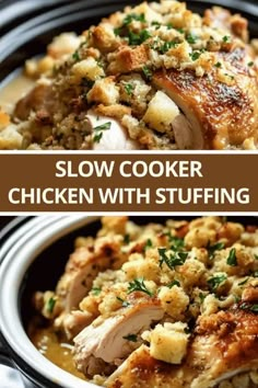 slow cooker chicken with stuffing in a crock pot and on the side is an image