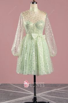 Lovely iridescent heart shape mint green tulle short birthday/homecoming dress. Sweetheart bodice with an illusion mesh neckline and puff long sleeves. Green Tulle Dress For Sweet 16, Light Green Long Sleeve Party Dress, Short Birthday Dress, Mint Homecoming Dresses, Mint Shorts, Trendy Party Dresses, Glittery Dress, Dress Train, Green Tulle