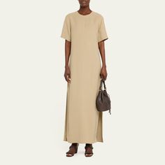 Brunello Cucinelli fluid linen twill t-shirt dress features side slits and monili details  Round neckline Short sleeves Full length Shift silhouette  Viscose/linen Hand wash or dry clean Made in Italy Short Sleeve Maxi Dress With Side Slits For Daywear, Elegant Linen Dress With Side Slits, Longline Midi Dress With Side Slits For Daywear, Elegant Linen Maxi Dress With Side Slits, Midi Dress With Side Slits For Day Wear, Long Midi Dress With Side Slits For Daywear, Cocktail Jacket, Maternity Style, Style Tips