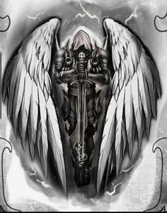 Dark Angel Tattoo, Angel Warrior Tattoo, Guardian Angel Tattoo Designs, Guardian Angel Tattoo, Archangel Tattoo, Knight Tattoo, Skull Sleeve Tattoos, Saved Tattoo