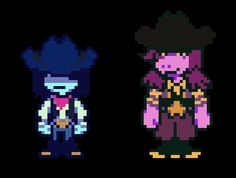 three pixel characters in different colors and sizes