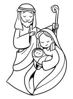 the nativity scene is outlined in black and white, with an adult holding a baby jesus