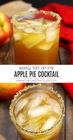 two glasses filled with apple pie cocktails on top of a wooden table next to an apple