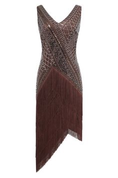 The intricate beadwork creates a mesmerizing pattern across the bodice, with artfully placed sequins that shimmer like stars in a midnight sky. This geometric design captures the bold spirit of the Jazz Age, while the cascading fringe along the hemline adds dynamic energy to your every move, evoking the carefree and exuberant vibes of a 1920s speakeasy. Features: Intricate geometric beadwork Elegant V-neckline Asymmetrical fringe hemline Figure-flattering silhouette Handcrafted sequin embellishm Themed Dresses, Asymmetrical Fringe, 1920s Speakeasy, Geometric Beadwork, 1920s Accessories, 1920s Headpiece, The Jazz Age, Flapper Dresses, 1920s Dresses