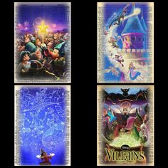 four disney movie posters are shown in three different frames