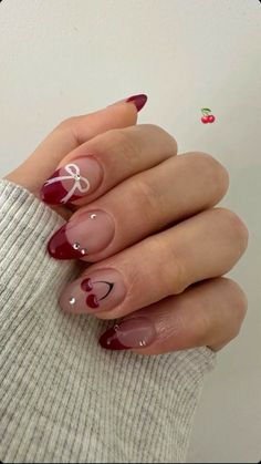 Cherry Red Nails With Design, Cherry Red Nail Designs, Coquette Nail, Vday Nails, Silver Nail Art, Valentine Nails, Cherry Nails, Silver Nail, Nail Stuff