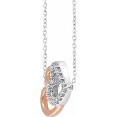 This beautiful necklace is made with 14K White and Rose Gold! Listed in our Lovers' Delight Collection, this unique piece will make a beautiful gift to any close friend / family member! Pendant Dimensions: 17.5 x 10.6 mm Total Approximate Weight: 1.37 gram, 1/5 CTW At Golden Chariot Innovative Jewelry, we strive to sell jewelry to everyone. Whether it be a general sale or a uniquely crafted piece, we want you to feel confident that you've gotten the right piece at the right price and the best qu Elegant Rose Gold Necklace For Anniversary Gift, Rose Gold Heart Necklace For Anniversary, Rose Gold Necklaces With Diamond Accents For Anniversary, Formal Double Heart Rose Gold Jewelry, Rose Gold Double Heart Jewelry For Formal Occasions, Rose Gold Diamond Necklace For Anniversary Gift, Rose Gold Double Heart Necklace Fine Jewelry, Rose Gold Double Heart Necklace In Fine Jewelry, Rose Gold Double Heart Necklace For Anniversary