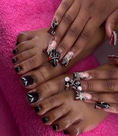 Extra Duck Nails, Black And Red Duck Nails, Black Acrylic Toe Nails, Matching Toes And Nails Ideas, Matching Set Nails And Toes, Junk Duck Nails, Matching Nail And Toe Sets, Matching Nails And Toes, Nails And Toes Matching