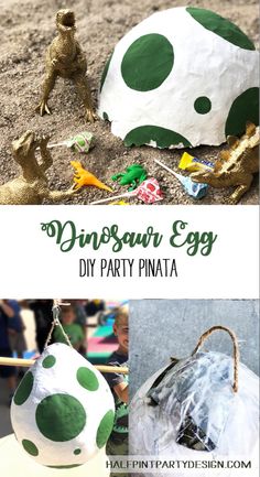 dinosaur egg diy party pinata with green and white polka dots on the top