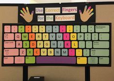 a colorful keyboard is on display in an office cubicle with two hands and the words use correct fingers for the keyboard