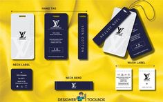 an assortment of business cards and tags on a yellow background with the words,'design & tag '