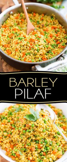 barley pilaf with carrots and peas in a pan