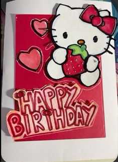 a hello kitty birthday card with the words happy birthday written in pink and red on it