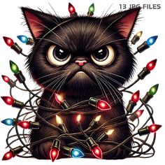 a black cat with christmas lights on its head is staring at the camera while it's surrounded by wires