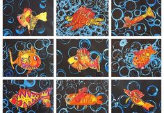 six different colored fish on black and blue background