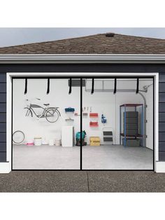 an image of a garage with sliding glass doors on the front and side walls that are open