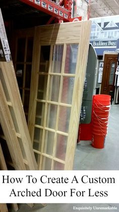 the inside of a store with wooden windows and ladders in it's display area