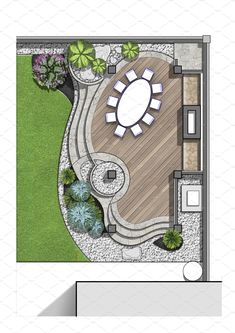 an aerial view of a patio and garden