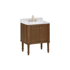 a bathroom vanity with marble top and wooden legs on the bottom, against a white background