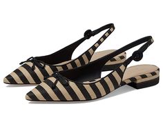 Kate Spade New York Veronica Raffia - Women's Shoes : Black/Beach Sand : Show-off your polished look wearing the Kate Spade New York Veronica Raffia. Leather upper. Leather lining and insole. Slip-on closure with elasticized ankle strap. Allover stripes pattern. Bow detailing on the vamp. Brand name embossed on the footbed. Pointed toe. Flat heel. Leather outsole. Imported. Striped Shoes, Black Beach, Black Shoes Women, Beach Sand, Shoes Black, Kate Spade New York, Stripes Pattern, Women's Shoes, Ankle Strap