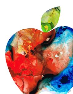 an apple painting with red, blue and green colors