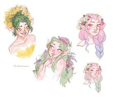 four different drawings of women with flowers in their hair and one has green hair, the other