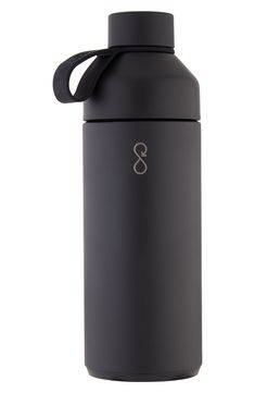 thermos bottle is black and has a handle on it's side,