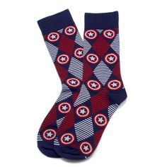 Dress like a champion with this pair of Captain America socks. Featuring the iconic shield logo on a background of patriotic red, white, and blue argyle diamonds, we're fairly certain this is what Steve Rodgers wears under his boots. Officially licensed by Marvel. Argyle Dress, Marvel Young Avengers, Navy Bedding, Marvel Gifts, Argyle Socks, Stripe Socks, Argyle Diamonds, Young Avengers, Think Geek