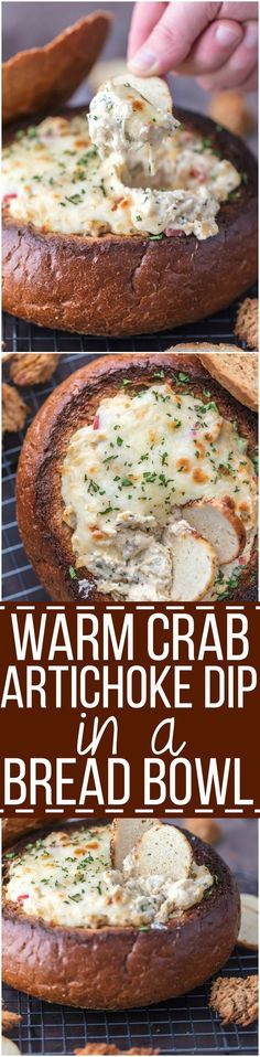 two images showing how to make warm crab artichoke dip in bread bowl with text overlay