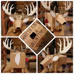 several pictures of cardboard boxes with deer heads on them