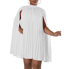 White Mock Neck Pleated Cape Dress White Cape Dress For Spring, Spring Cape Dress In White, White Pleated Mini Dress For Fall, White Mock Neck, Bat Sleeves, Dress With Pleats, Ankara Print, Autumn Fits, Bat Sleeve