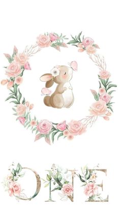 the letter e is decorated with flowers and a bunny