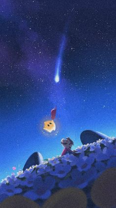 an animated scene with a person looking up at the stars in the sky, and a yellow balloon floating above them