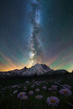 the night sky is filled with stars and clouds as it shines brightly in the background