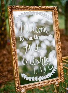 Easy wedding signage created using a mirror and acrylic paint marker Small Backyard Wedding, Wedding Mirror, Backyard Reception, Wedding Decorations On A Budget, Beautiful Outdoor Wedding, Beautiful Wedding Decorations, Outdoor Wedding Decorations, Indoor Wedding, Wedding Signage