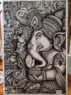 Charcoal art Mandala Ganesha Art, Ganesha Mandala Art, Drawing Reference Photos, Drawing Ideas Creative, Ganesh Art Paintings, Pen Art Work, Easy Mandala Drawing