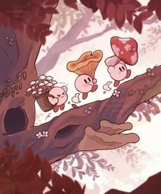 three cartoon characters sitting on top of a tree branch with mushrooms in the trees behind them