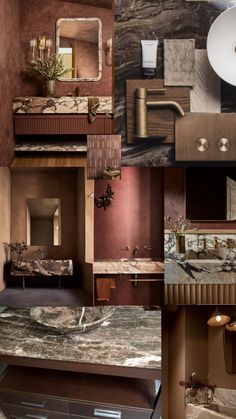 a collage of photos with various bathroom items and decor in different colors, including marble