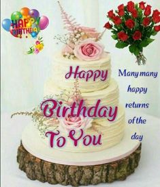 a birthday cake with flowers and balloons on the top is shown in this happy birthday card