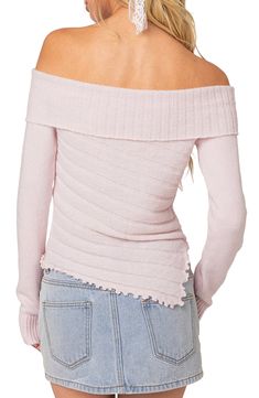 This sweet shoulder-baring sweater is knit with a folded neckline and soft ribbing. Off-the-shoulder neck Long sleeves Side vent 100% acrylic Hand wash, dry flat Imported Rib Sweater, Ribbed Sweater, Fold Over, Knit Top, Light Pink, Off The Shoulder, Pick Up, Top Brands, Buy Online