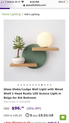 a green shelf with a plant on it and a white light in the corner next to it