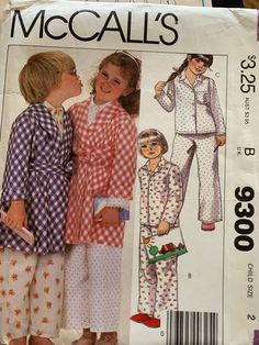 McCall's #9300 Kids Size 2 (ex-small) EASY Beginner Sew Pattern Robe has shawl collar, pockets, belt with loops. Sleeves turn up. Buttoned or snapped pajama top . Pants with elastic waistline casing. 15 Pieces In original package with instructions and measurements included in English Shipped First Class for best price no tracking provided Mccalls Patterns Vintage, Vintage Pajamas, Pajama Pattern, Childrens Sewing Patterns, Girls Robes, Pants Sewing Pattern, Mccalls Sewing Patterns, Mccalls Patterns, Boys Pajamas