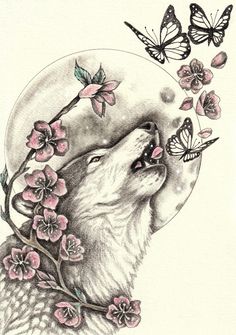 a drawing of a wolf with flowers and butterflies on it's head in front of a full moon