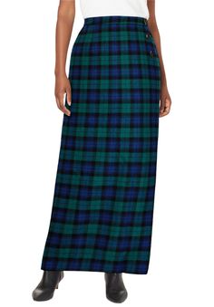 Pencil in your look for the week! This side-button plaid skirt is the perfect piece addition to your wardrobe. Pair it with a turtleneck blouse & a blazer to complete your 9-to-5 look. Faux wrap silhouette3 non-functional button closuresBack elasticSide zip39" lengthWool blendDry clean, imported | Plus Size Women's Side-Button Wool Skirt by Jessica London in Emerald Blackwatch Plaid (Size 20 W) Blackwatch Plaid, Turtleneck Blouse, Long Jean Skirt, Plaid Outfits, Leather Midi Skirt, Tunic Tank Tops, Wool Skirt, Ladies Of London, Denim Midi Skirt